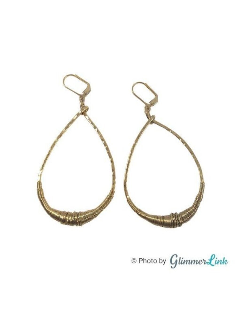 Double Happiness Hammered Wire Wrapped Teardrop Earrings Gold Tone